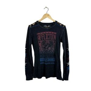 VINTAGE Y2K Affliction Breakdown American Thermal Graphic Top Grey/Blue/Red XS